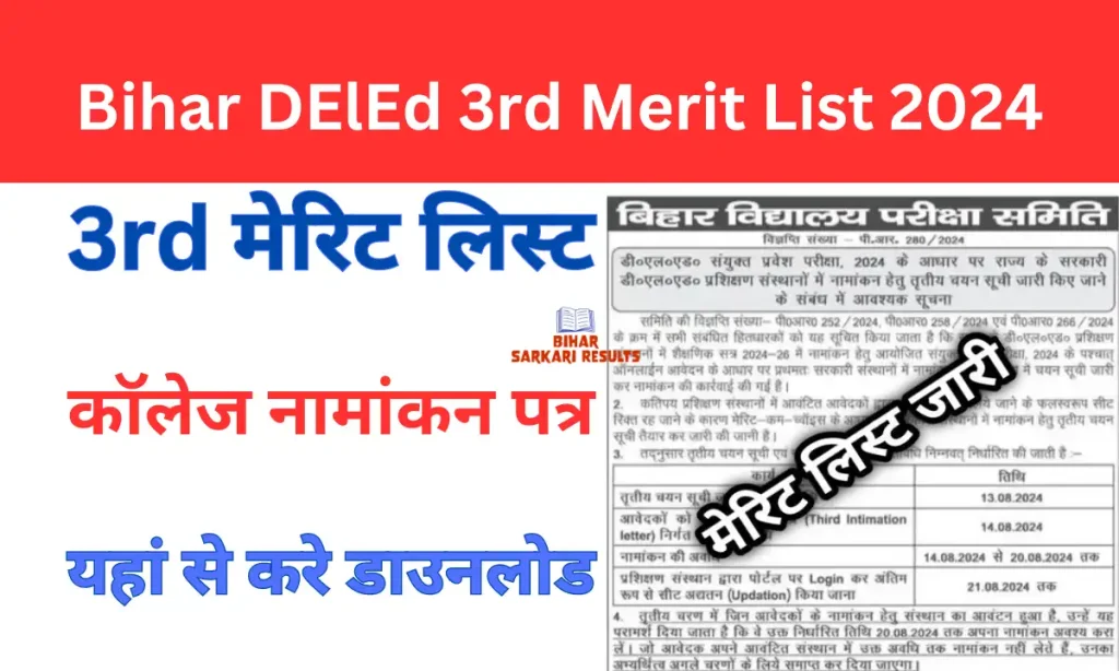 Bihar DElEd 3rd Merit List 2024 Out